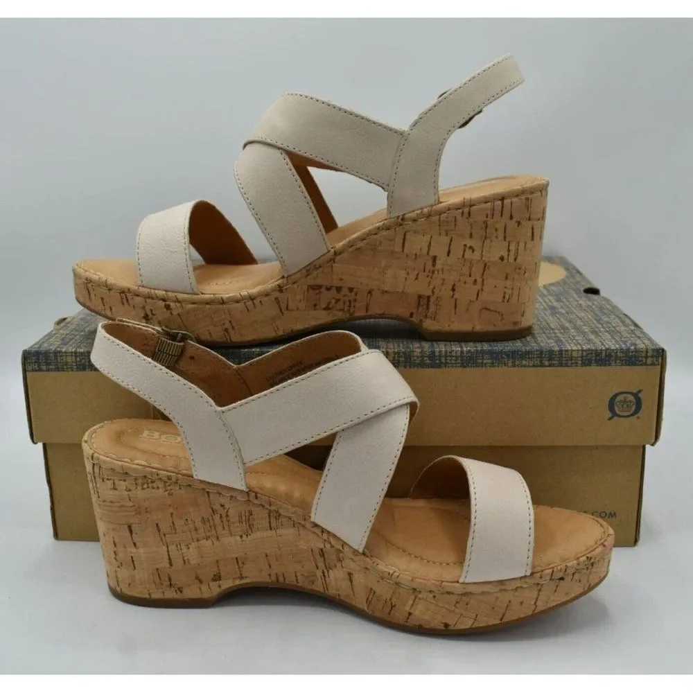 Born Womens Size 11 Lanai White Bone Full Grain Leather Wedge‎ Sandals Shoes
